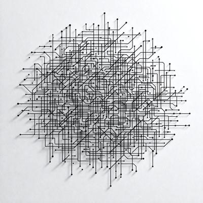 The primary subject of the image is a complex network of interconnected lines, which are black and white. The setting is a white background, and the visual style appears to be a digital art or illustration. The image has a somewhat intricate and detailed appearance, with the lines forming a dense pattern. The overall atmosphere of the image is somewhat complex and intricate, with the lines creating a sense of depth and organization.